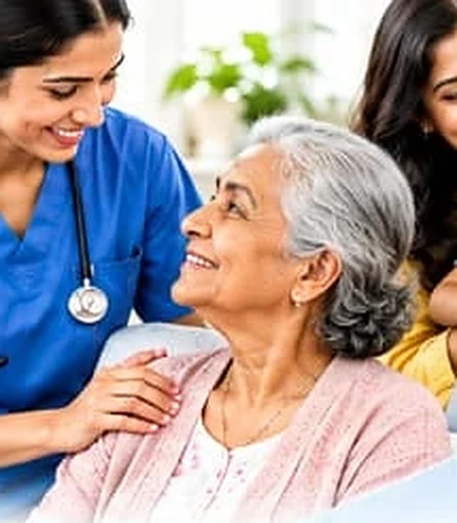 A caregiver holding the hand of an elderly man